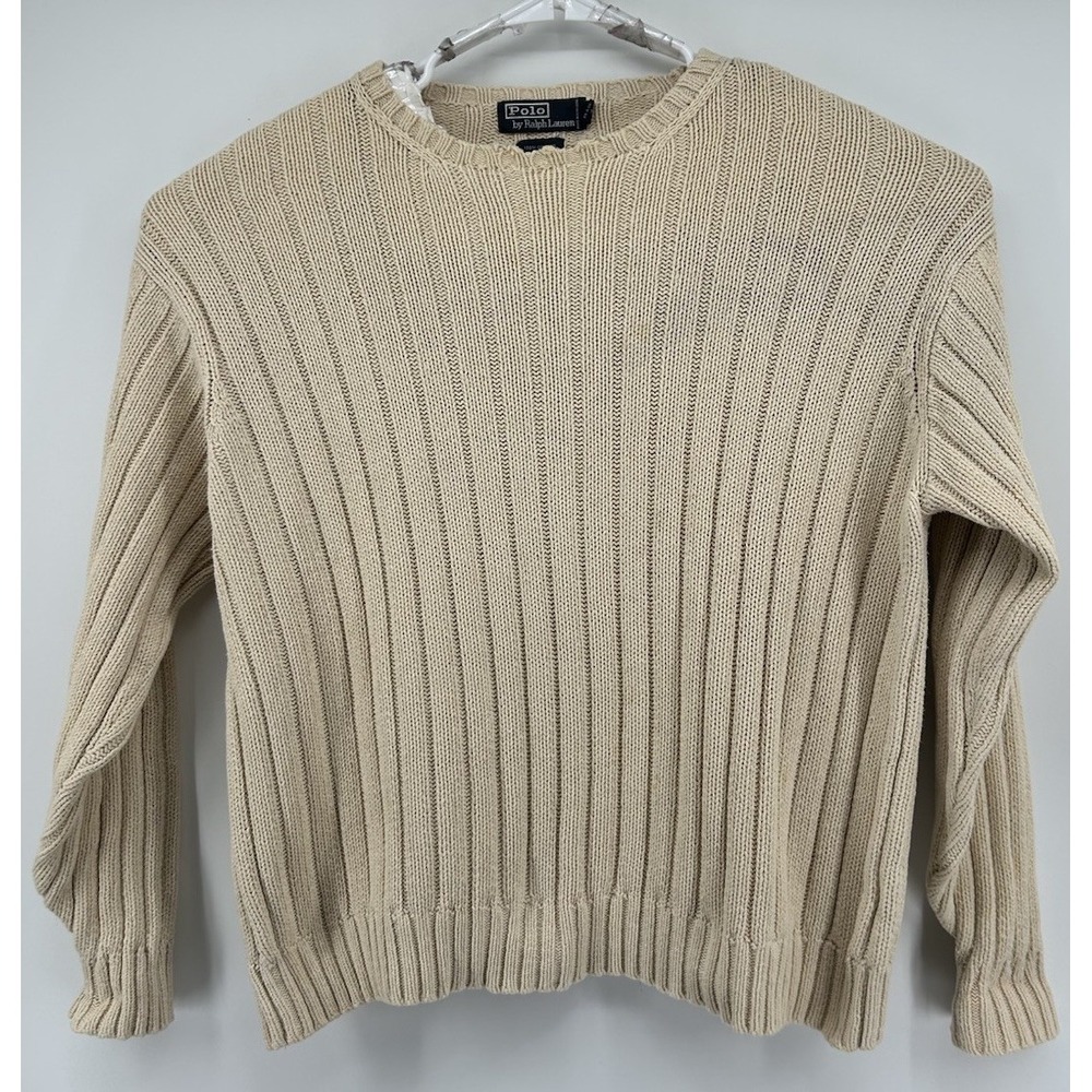 Polo Ralph Lauren Vintage Cream Ribbed Knit Cotton Sweater Men's Size XL